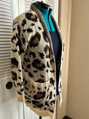 Woven Heart Leopard Print Cardigan Cozy Chunky Knit Open Front Sweater Small